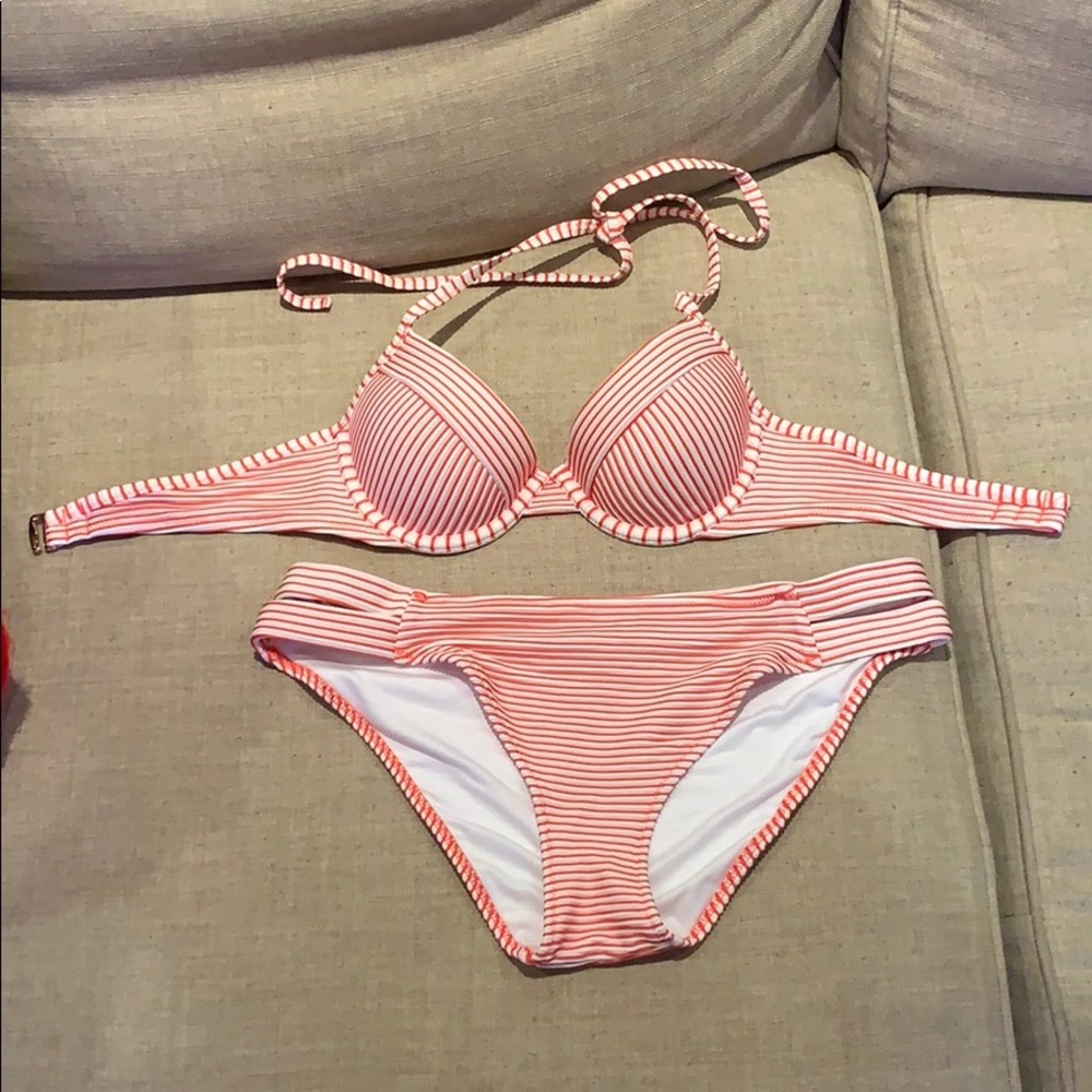 Red and white striped bikini